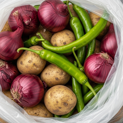 Basic Vegetable Package: 20 kg onions, 20 kg potato, 5 kg green peppers