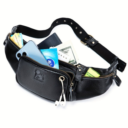 1pc Genuine Leather Outdoor Fanny Pack For Travel, Hiking & Running, Top Layer Cowhide Waist Bag