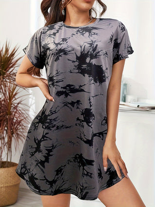 Allover Print Crew Neck Tee Dress, Casual Short Sleeve Dress For Summer & Spring, Women's Clothing