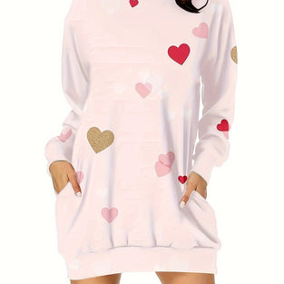 Heart Print Hooded Dress, Casual Long Sleeve Dress For Spring & Fall, Women's Clothing