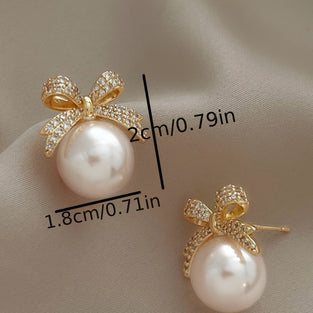 Faux Pearl Pendant Exquisite Golden Bow Dangle Earrings Elegant Simple Style Delicate Female Earrings