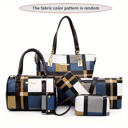 6pcs/set Large Capacity Checkered Pattern Shoulder Bag With Simple Handbag, Crossbody Bag, Clutch Bag, Long & Short Wallet