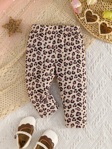 3-Piece Baby's Casual Pants Set: Solid Color & Leopard Pattern Elastic Waist Trousers for Infant Toddler Girls