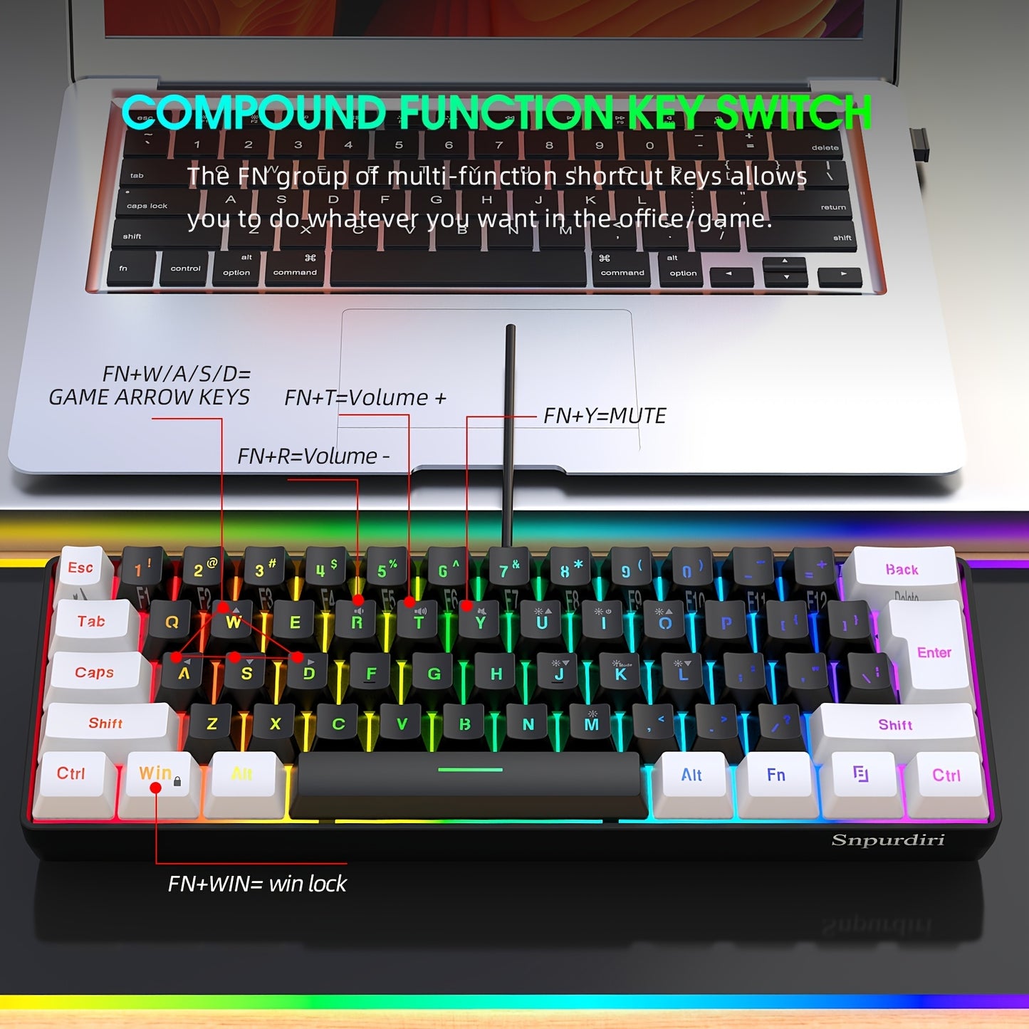 Ultra-Compact 61-Key Membrane Gaming Keyboard with RGB Backlit - Perfect for PC Gamers and Typists