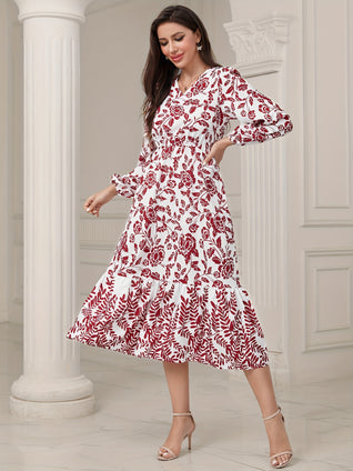 Floral & Leaves Print V-neck Dress, Elegant Elastic Waist Long Sleeve Dress For Spring & Fall, Women's Clothing