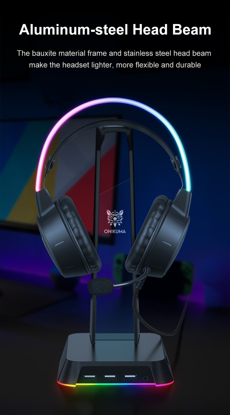 Ultimate Gaming Experience: Onikuma Double Head Beam Noise Cancelling Stereo Surround Headphones with RGB Lighting