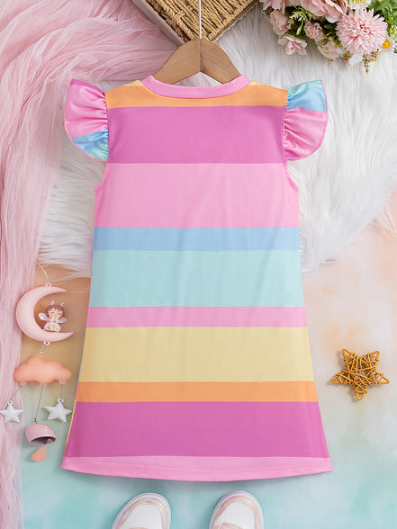 Sweet Girls Cartoon Princess Unicorn Graphic Flutter Trim Dress: Perfect for Summer Parties