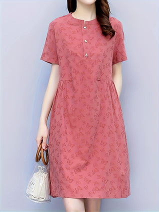 Butterfly Print Button Front Dress, Casual Short Sleeve Dress For Spring & Fall, Women's Clothing