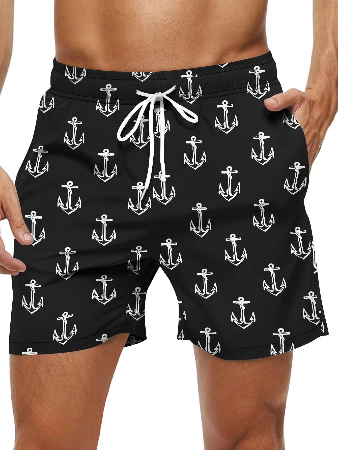 Men's Trendy Hawaiian Anchor Print Swim Shorts for Summer Fun