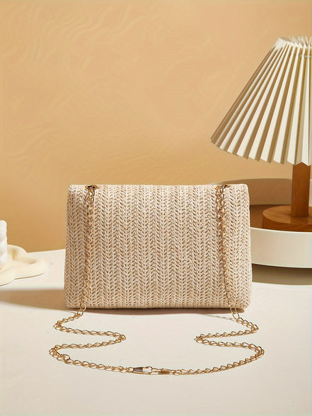 Stylish Women's Straw Crossbody Bag: Chic Design with Detachable Chain Strap and Phone Pocket