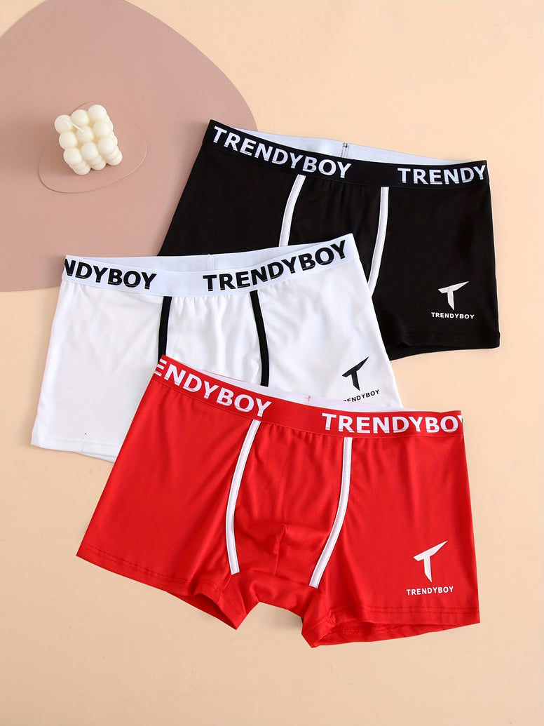 3PCS Men's Cotton Solid Color Comfortable Boxer Briefs - Fashion Letter Print, Sports Breathable Men's Underwear