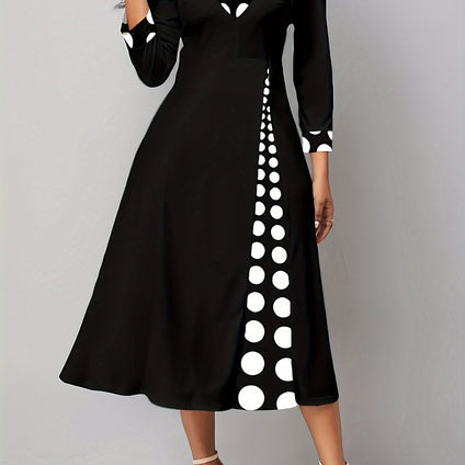 Contrast Dot Print V-neck Dress, Casual Long Sleeve Waist Dress, Women's Clothing