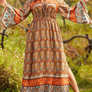 Women's Boho Dress, Plus Size Arabesque Print Tassel Decor Bell Sleeve V Neck Side Split Maxi Dress