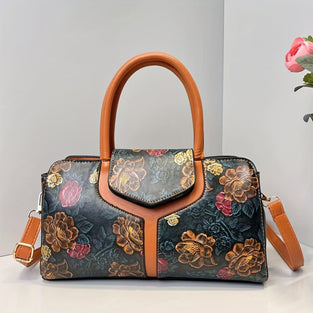 Vintage Flower Print Handbag, Elegant Double Handle Purse, Fashion Crossbody Bag For Women