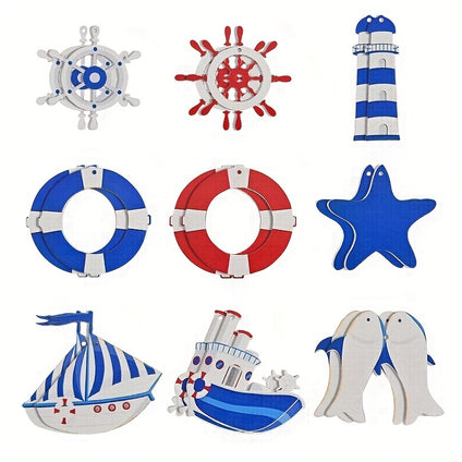 18pcs/set Wooden Hanging Summer Blue Lighthouse Star Fish Sea Ship Decorations Pendant For Courtyard Window Festival Party Supplies (with Rope)