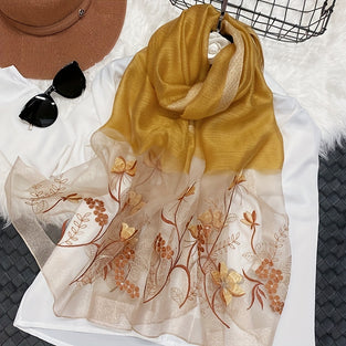 Classic Stitching Silk Blend Scarf Elegant Flower Embroidery Shawl Breathable Windproof Head Wrap Sunscreen Travel Beach Towel