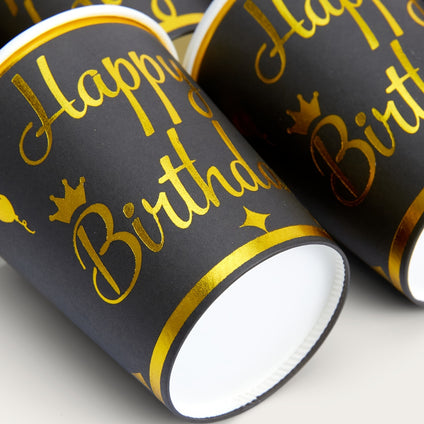 10/25pcs, 9oz Happy Birthday Paper Cups, Black Bottom Golden Foil Balloons Happy Birthday Disposable Paper Cups, Party Cups Elegant Metal Golden Foil For Birthday Party, Dinner, Celebration Party Supplies Decoration Party Paper Cups