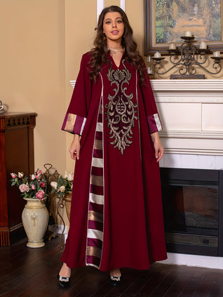 Ramadan Ethnic Floral Pattern Kaftan Dress, Elegant V Neck Long Sleeve Dress, Women's Clothing