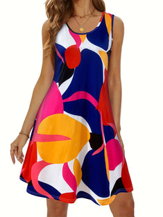 Graphic Print Crew Neck Tank Dress, Casual Sleeveless Dress For Spring & Summer, Women's Clothing