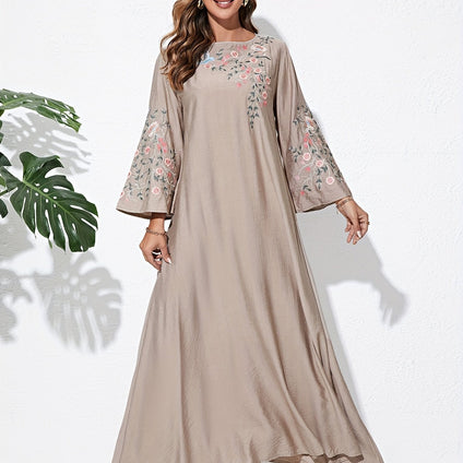 Ramadan Floral Embroidered Kaftan, Modest Crew Neck Flare Sleeve Robe, Women's Clothing