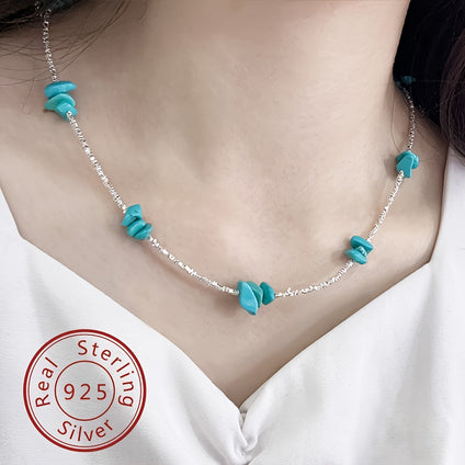 1pc Niche Design Thin Chain Necklace With Turquoise Beads Elegant Temperament 925 Silver Neck Chain Jewelry