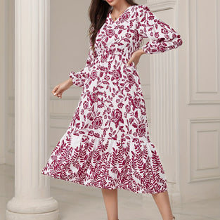 Floral & Leaves Print V-neck Dress, Elegant Elastic Waist Long Sleeve Dress For Spring & Fall, Women's Clothing