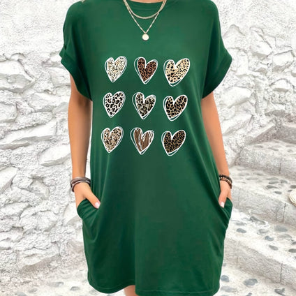 Heart Print Crew Neck Dress, Casual Short Sleeve Dress For Spring & Summer, Women's Clothing