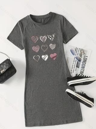 Heart Print Crew Neck Dress, Short Sleeve Casual Dress For Summer & Spring, Women's Clothing