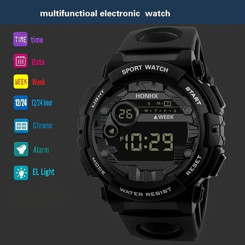 Sporty Digital Watch: Alarm, Calendar, 12/24 Hour Display, Water-Resistant, Light-Up Feature