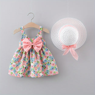 Sweet and Stylish: Puffy Cami Dress with Bow Hat for Baby Girls