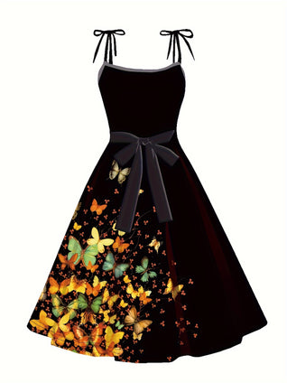 Butterfly Print Tied Strap Dress, Elegant Belted A-line Dress For Spring & Summer, Women's Clothing