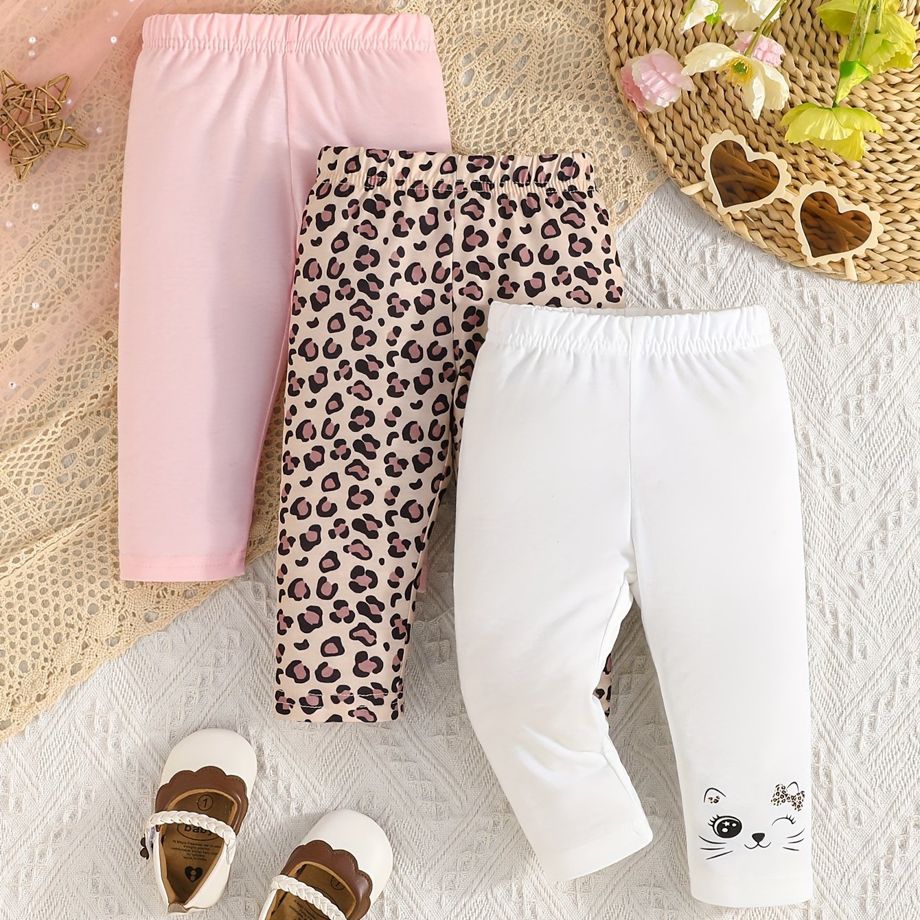 3-Piece Baby's Casual Pants Set: Solid Color & Leopard Pattern Elastic Waist Trousers for Infant Toddler Girls