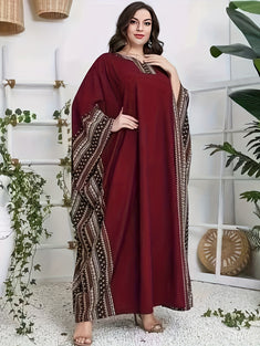 Ramadan Ethnic Stripe Print Modest Dress, Elegant Loose Batwing Sleeve Maxi Dress, Women's Clothing