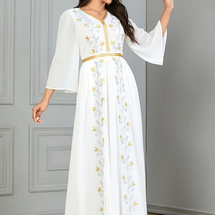 Ramadan Mesh Embroidered Kaftan Dress, Elegant V Neck Bell Sleeve Ankle Length Dress, Women's Clothing