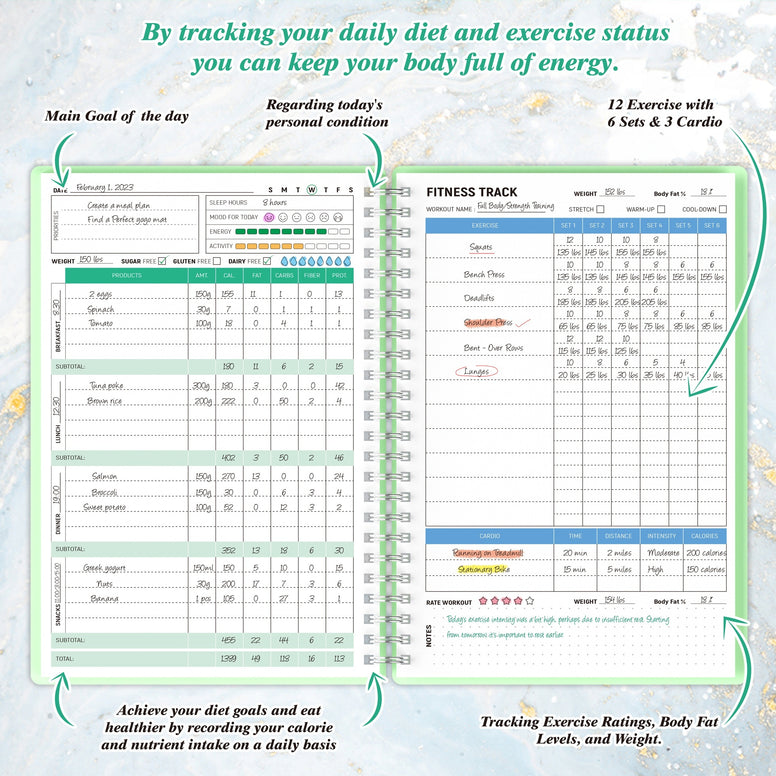 3-in-1 Wellness Planner: Fitness Log, Daily Diet Tracker, Meal Habits Notebook - A5 Size