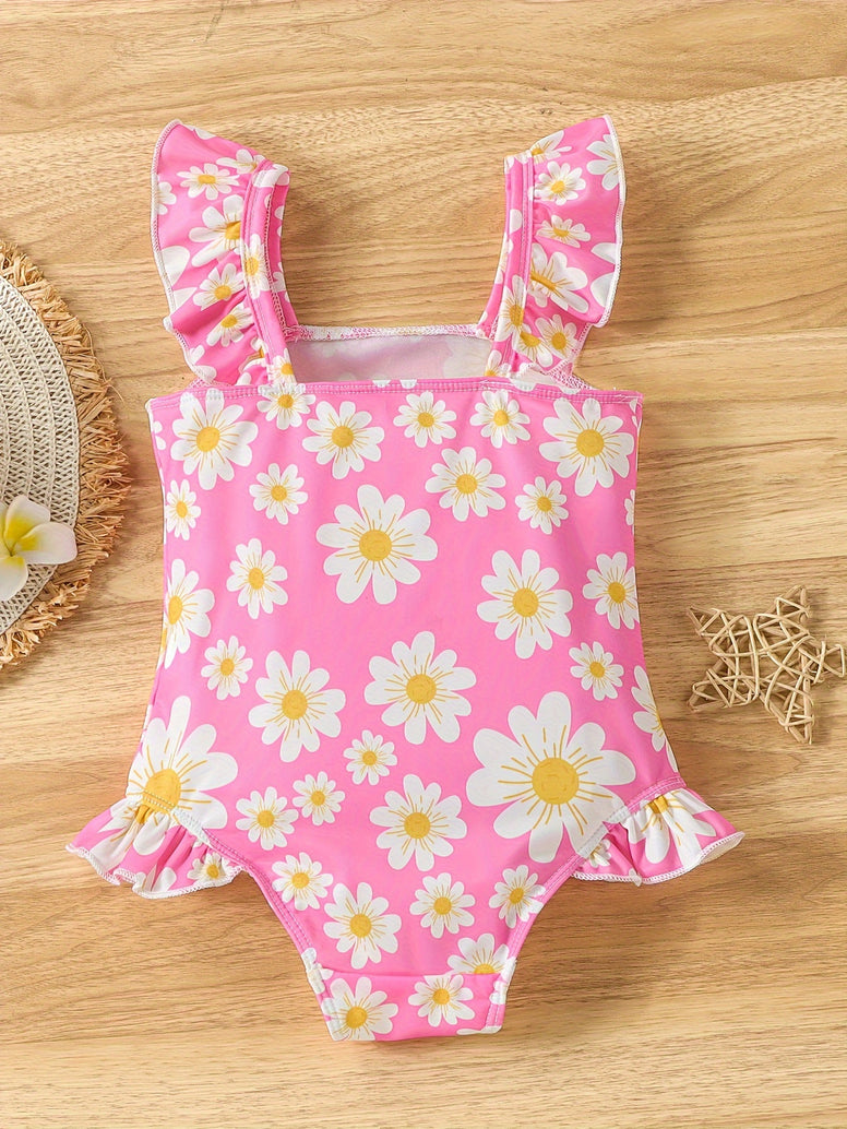 Adorable Daisy Print Girls' One-Piece Swimsuit