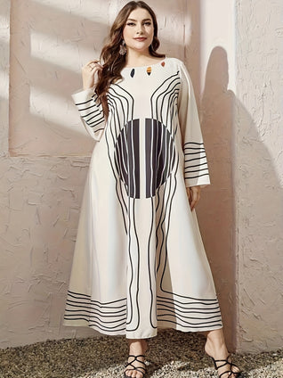 Ethnic Stripe Print Kaftan, Vintage Long Sleeve Maxi Dress, Women's Clothing