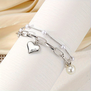 1pc Double Layers Love Heart Pendant Link Chain Bracelet With White Faux Pearls Bead Temperament Hand Chain Jewelry