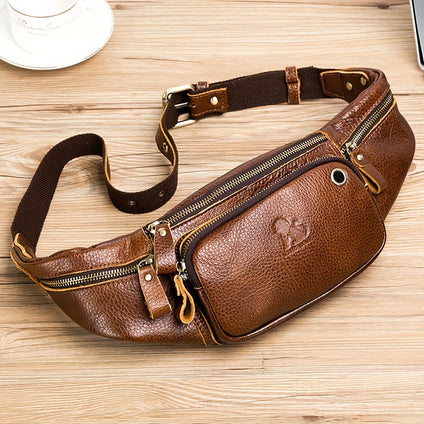 1pc Genuine Leather Outdoor Fanny Pack For Travel, Hiking & Running, Top Layer Cowhide Waist Bag