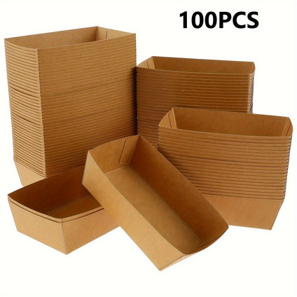 100Pcs Rectangle Cardboard Food Trays, Disposable Oil-Resistant Paper Food Boats, Freezer Safe Take Out Containers for Chips, Burgers, Parties, Picnics - 13x8x4 cm Gull Wing Closure Cake Carriers.