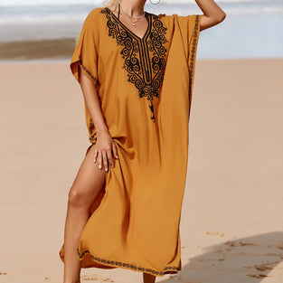 Embroidered Loose Kaftan Maxi Dress, Beach Summer Vacation Swimsuit Cover Up Dress, Women's Clothing