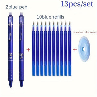 13pcs/set Press Type 0.5mm Erasable Gel Pen High Quality Bullet Washable Handle Writing Pen (2 Pens+10 Refills+1 Eraser)