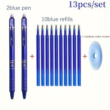 13pcs/set Press Type 0.5mm Erasable Gel Pen High Quality Bullet Washable Handle Writing Pen (2 Pens+10 Refills+1 Eraser)