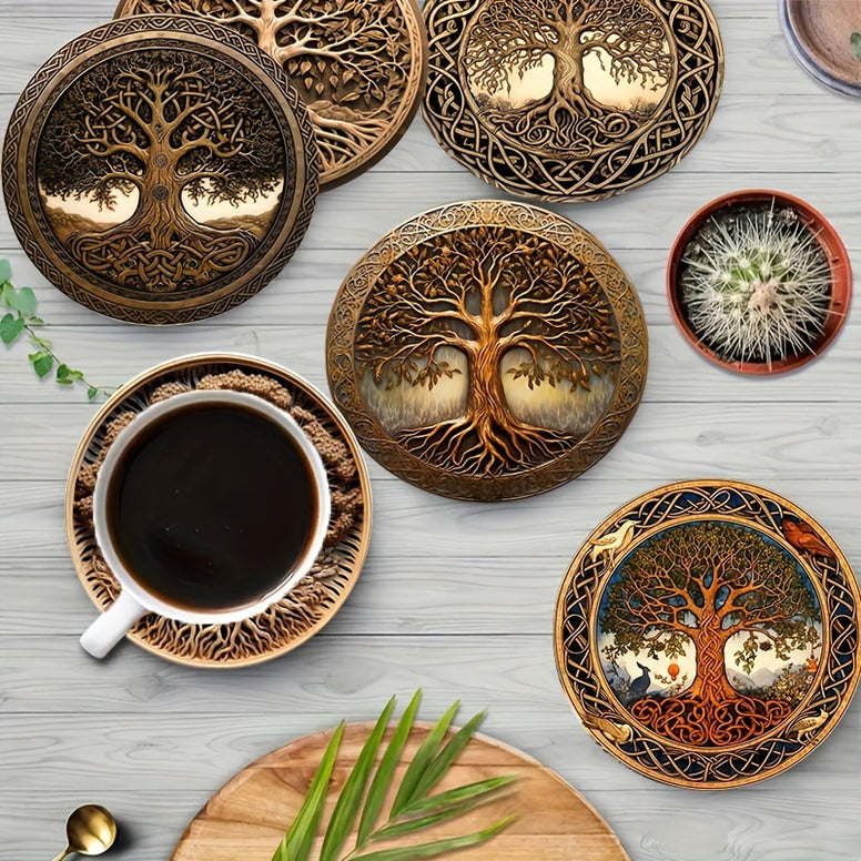 8-Piece Artistic Tree of Life Wooden Coaster