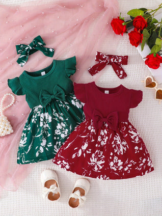 Blossoming Beauty: 2pcs Baby Girls Casual Floral & Bowknot Fly Sleeve Dress Headband Set