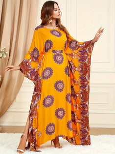 Ramadan Floral Print Crew Neck Kaftan Dress, Elegant Batwing Belted Maxi Dress, Women's Clothing