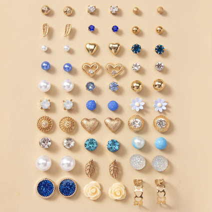 30 Pairs Set Of Delicate Stud Earrings Blue Original Piece Imitation Pearl Love Flower Leaf Design Adorable Female Gift