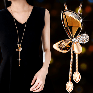 18K Plated Lariat Necklace Butterfly Shape Shiny Synthetic Gemstones Pendant Elegant Long Chain Sweater Necklace