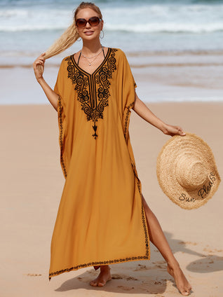 Embroidered Loose Kaftan Maxi Dress, Beach Summer Vacation Swimsuit Cover Up Dress, Women's Clothing