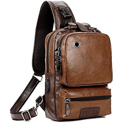 1pc Retro PU Leather Men's Women's Chest Bag With Earphone Port, Business Student Commuter Crossbody Bag Sling Bag Passport Money Cell Phone Holder Trendy Single Shoulder Bag